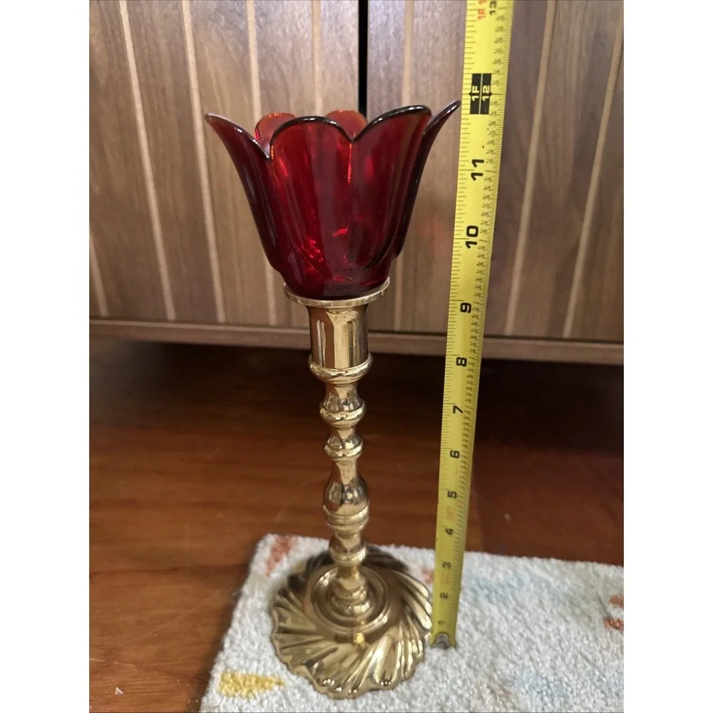 Vintage Brass Candlestick With Red Glass Tulip Shade